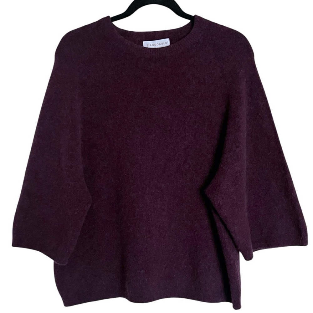 Bianco & Blu Fuzzy Wide Short 3/4 Sleeve Crewneck Pullover Boxy Sweater Large